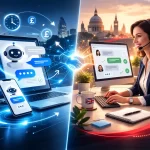 AI chatbot interface and live chat human agent side by side comparison for UK businesses in 2026