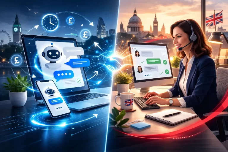 AI chatbot interface and live chat human agent side by side comparison for UK businesses in 2026