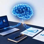 Illustration showing an AI neural network connecting to existing business tools on an office desk. Practical guide to integrating AI into an existing business without rebuilding operations.