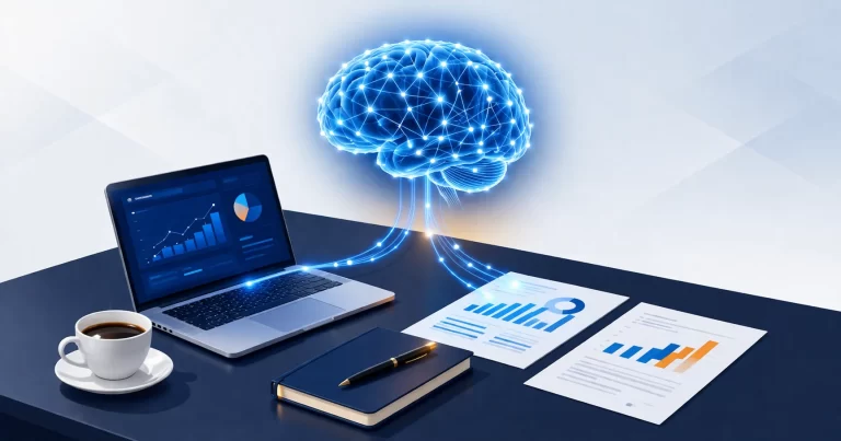 Illustration showing an AI neural network connecting to existing business tools on an office desk. Practical guide to integrating AI into an existing business without rebuilding operations.