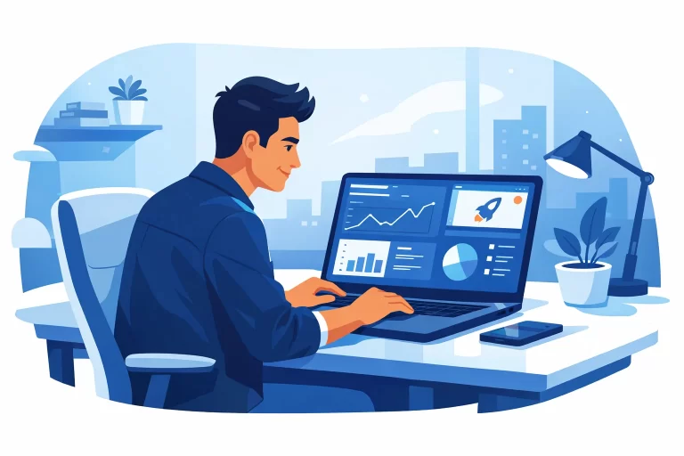 A startup founder working on an AI SaaS MVP development service dashboard on a laptop