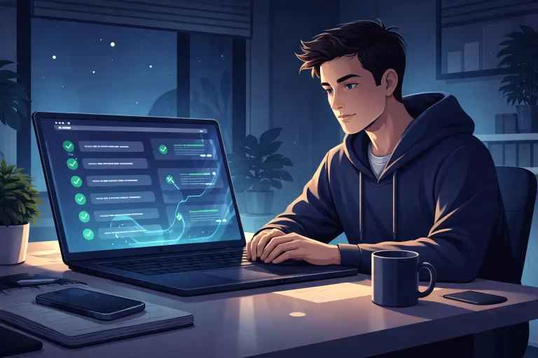 A startup founder reviewing an AI agent automation dashboard after hiring an AI agent developer