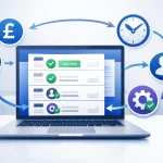 Modern illustration of invoice automation for UK businesses showing laptop with digital invoices, approval checkmarks, pound symbols, and automated workflow process