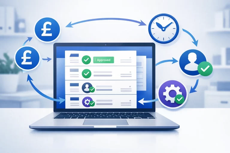 Modern illustration of invoice automation for UK businesses showing laptop with digital invoices, approval checkmarks, pound symbols, and automated workflow process
